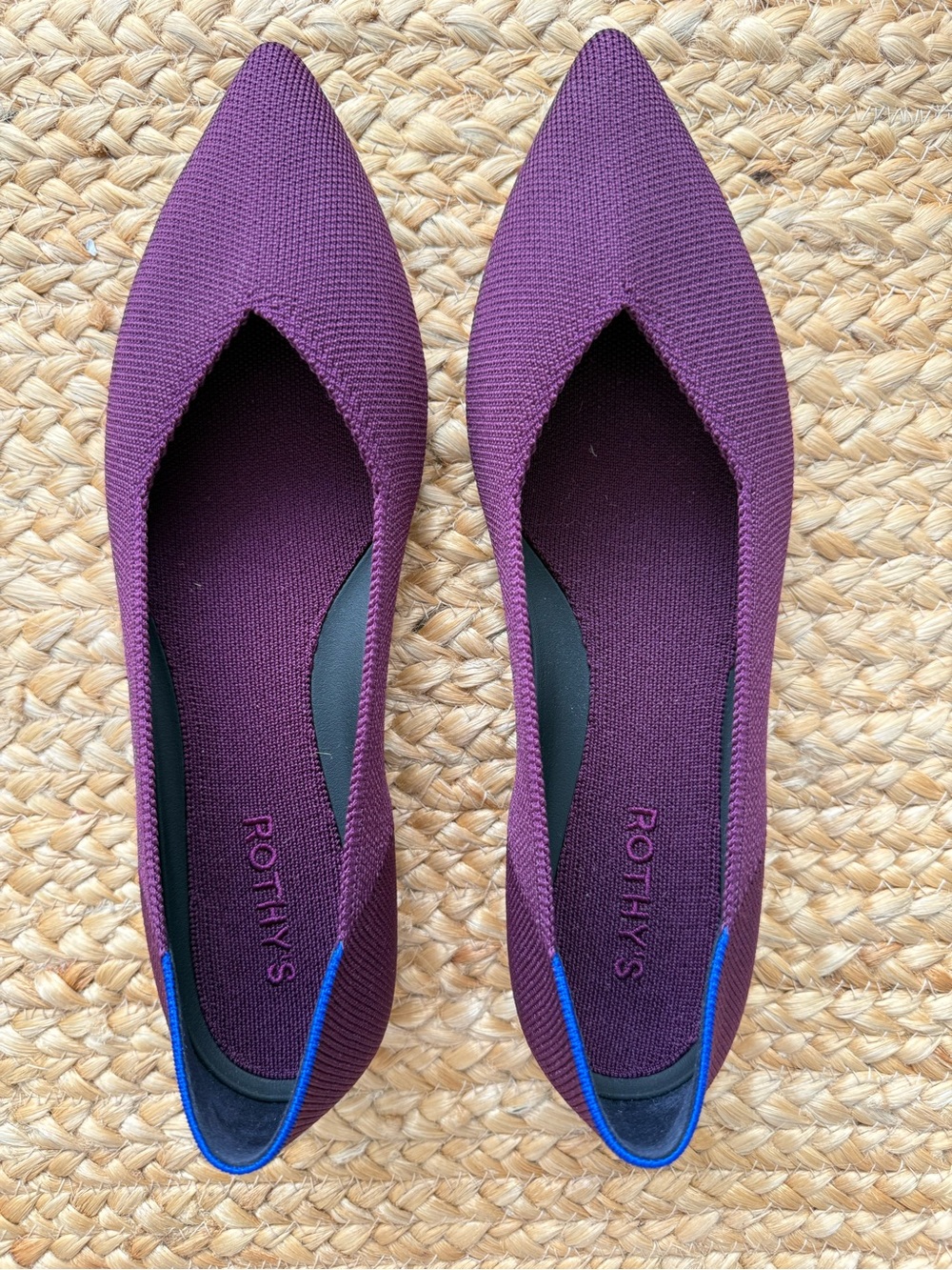 Rothy's Pointed Knit Flats in Plum with Blue Trim - Picture 1 of 10
